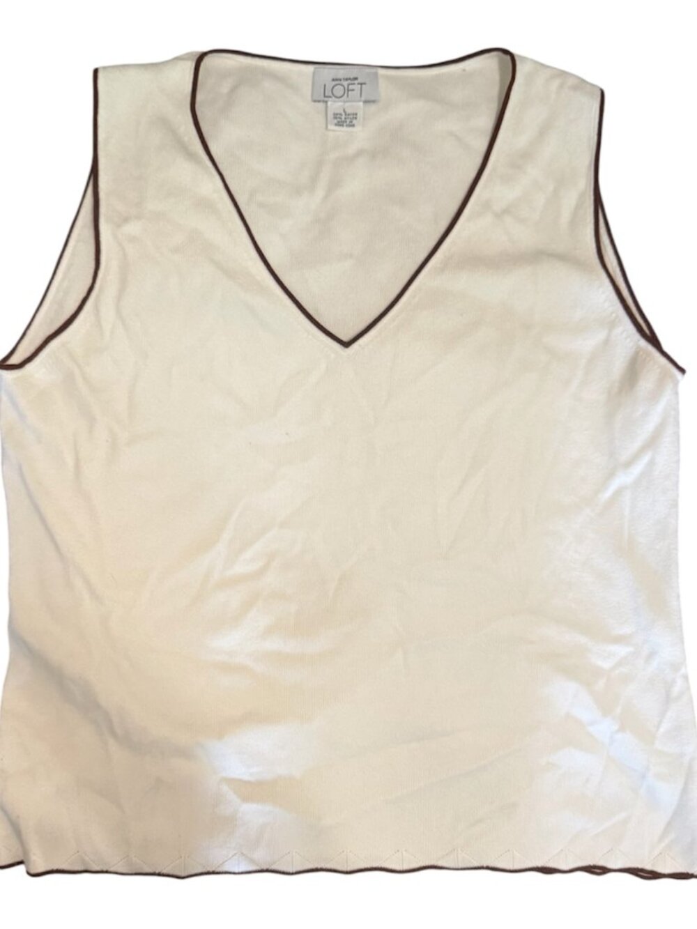 Vintage Ann Taylor LOFT Ivory Knit Shell Top Brown Trim Scalloped Hem L